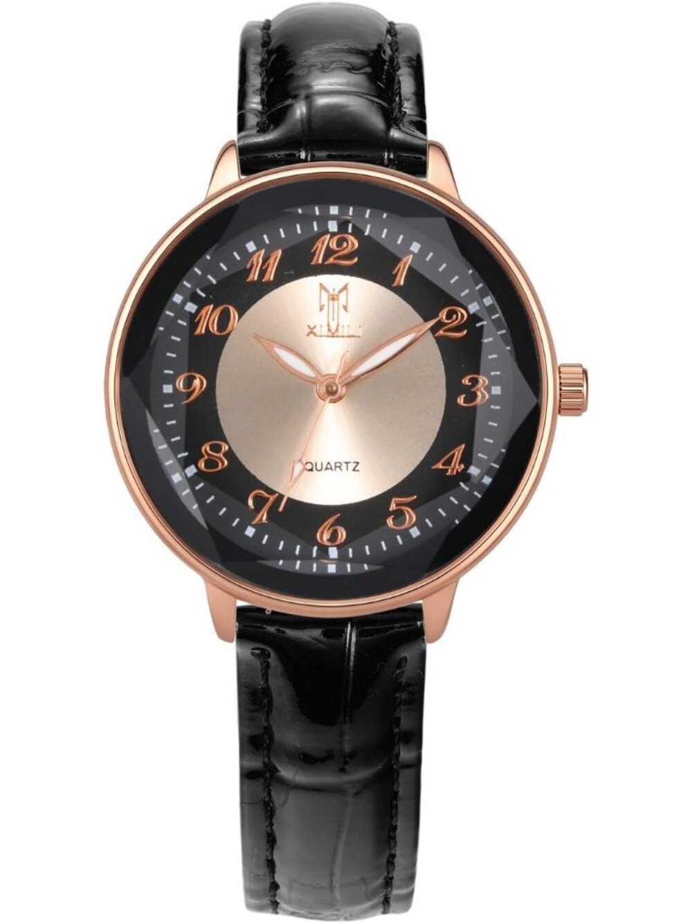 Women's Black Leather Big Face Easy to Read Analog Quartz Arabic Dial Wristwatch